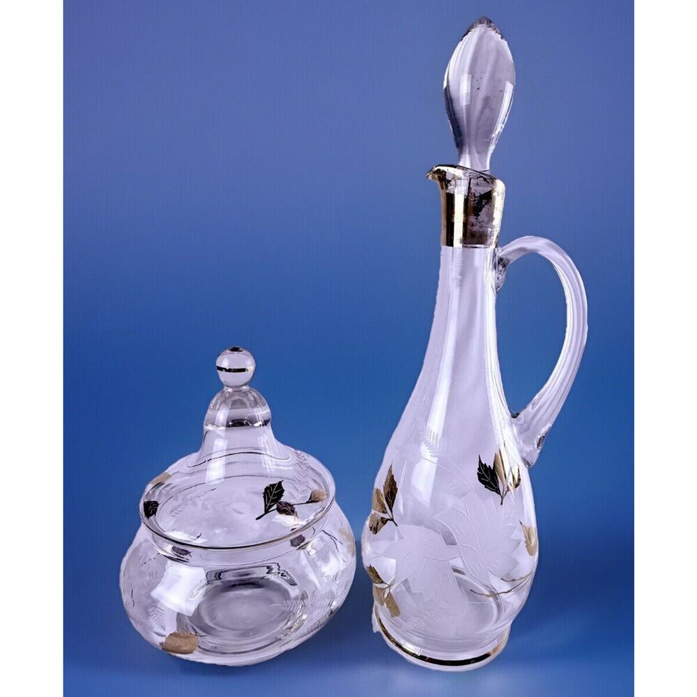 MCM Decanter & Covered Candy Dish Toscany Gold Etched Glass Painted Barware